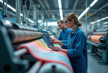 Usine textile moderne en 2025 avec machines automatisées et rouleaux de tissu