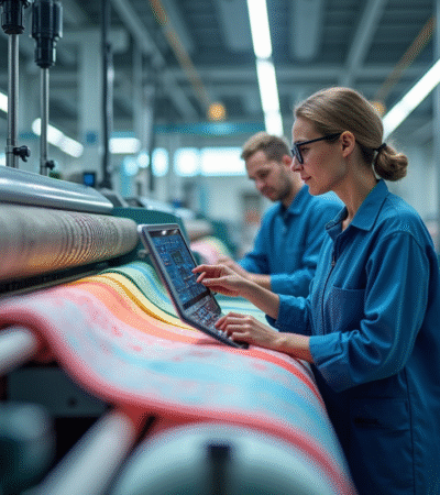 Usine textile moderne en 2025 avec machines automatisées et rouleaux de tissu