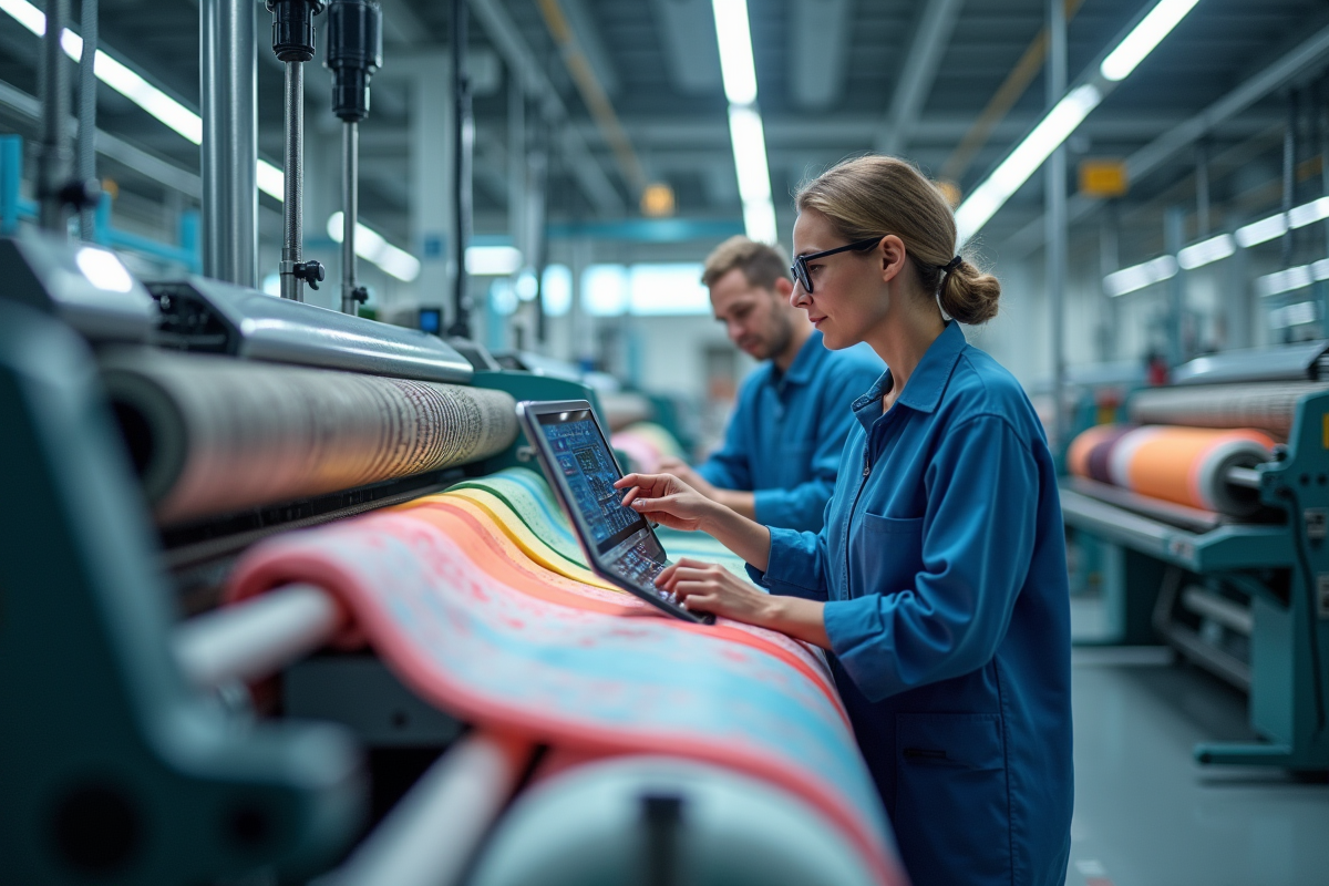 Usine textile moderne en 2025 avec machines automatisées et rouleaux de tissu