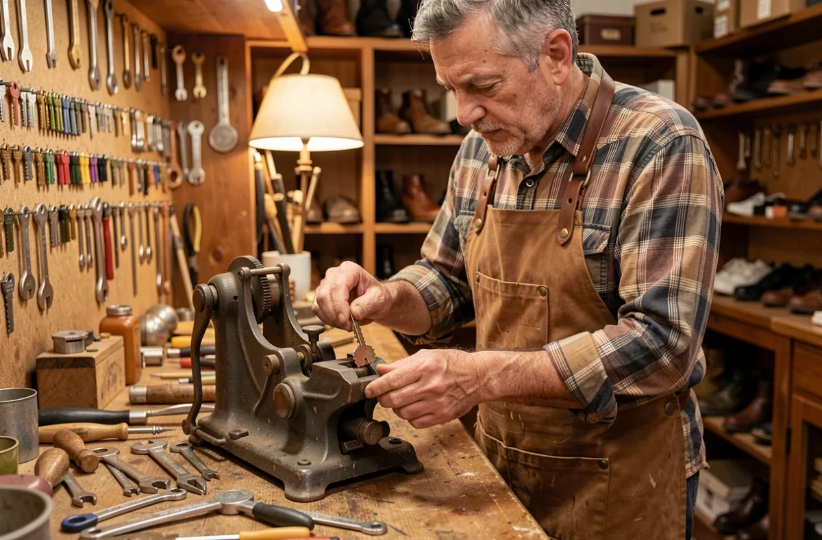 Artisan de Valmy Serrurier-Cordonnerie dans son atelier lyonnais travaillant sur une découpe de clé