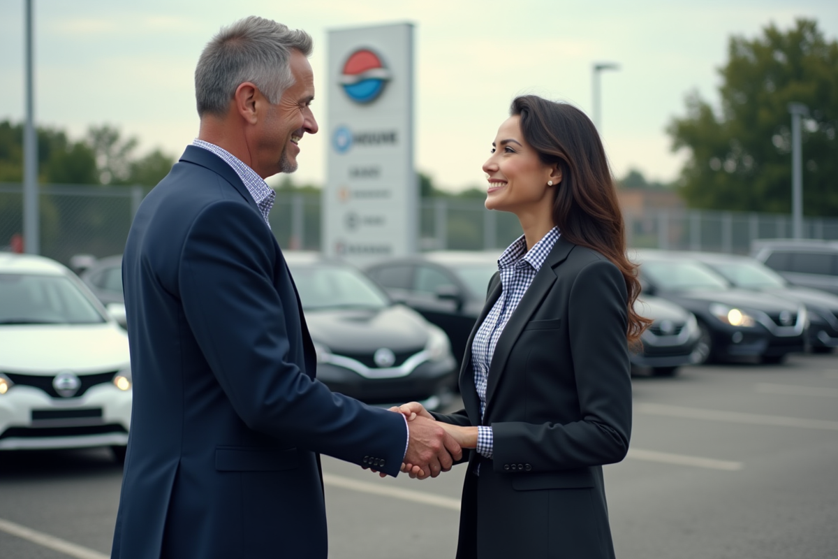 Vendeur automobile serrant la main d'une cliente devant des voitures d'occasion