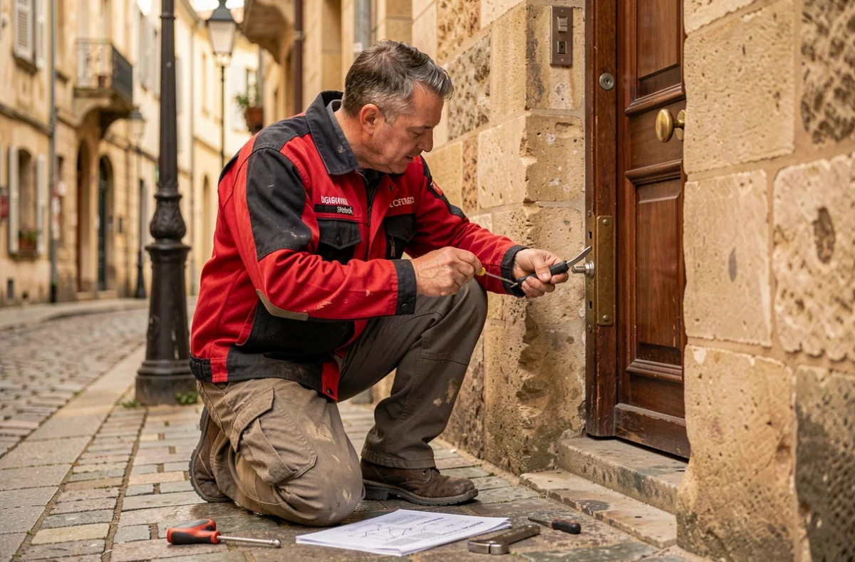 Serrurier de Votre Serrurier Lyonnais au travail sur une serrure dans une rue du vieux Lyon