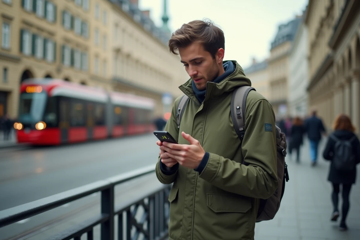 Voyageur en ville consultant son téléphone pour composer un numéro avec l'indicatif +44