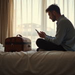 Voyageur inquiet regardant sa valise verrouillee dans la chambre