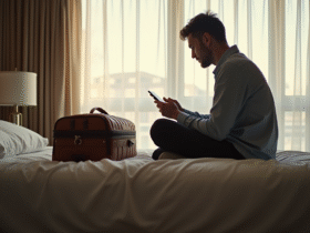 Voyageur inquiet regardant sa valise verrouillee dans la chambre