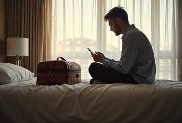 Voyageur inquiet regardant sa valise verrouillee dans la chambre