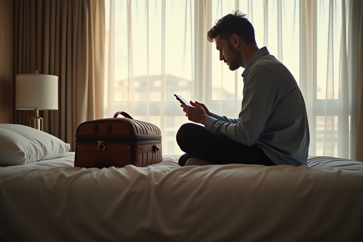 Voyageur inquiet regardant sa valise verrouillee dans la chambre